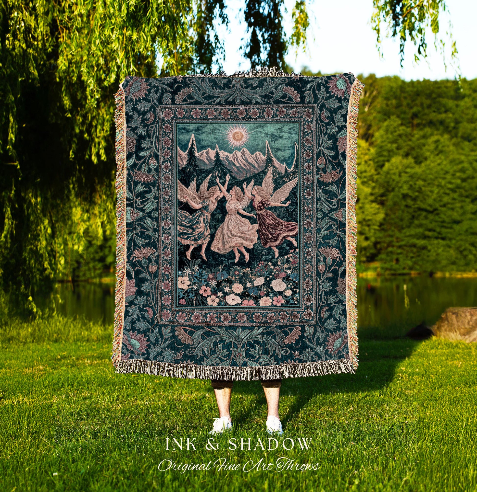 Sunny Wildflower Meadow Fairy Tapestry | Midsummer Aesthetic Throw Blanket Folklore Fairytale Enchanted Medieval Angels Cottagecore Coquette