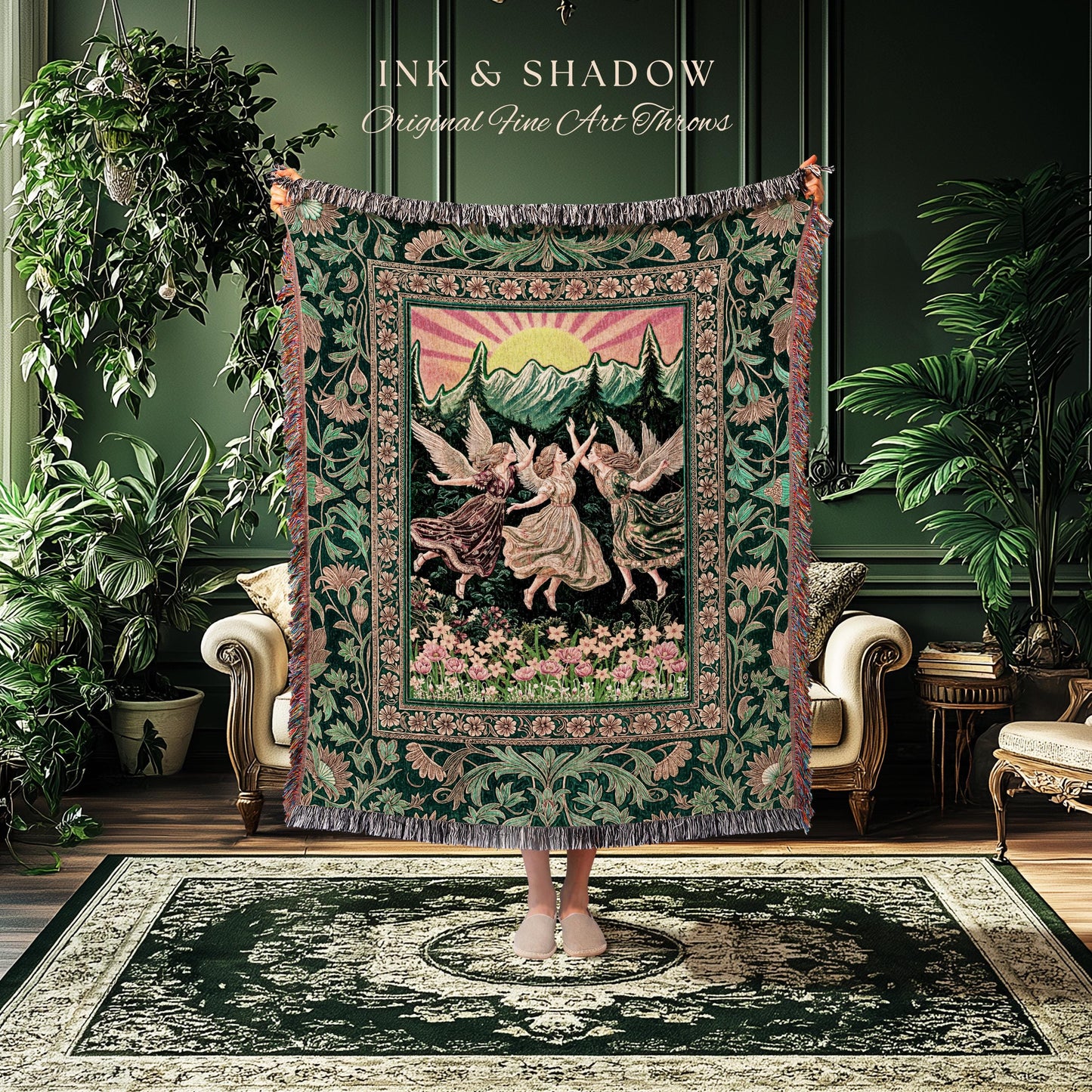 Storybook Retro Fairies Woven Tapestry | Whimsical Vintage Fairytale Enchanted Cottagecore Bedroom Dreamy Throw Blanket Medieval Mythology |