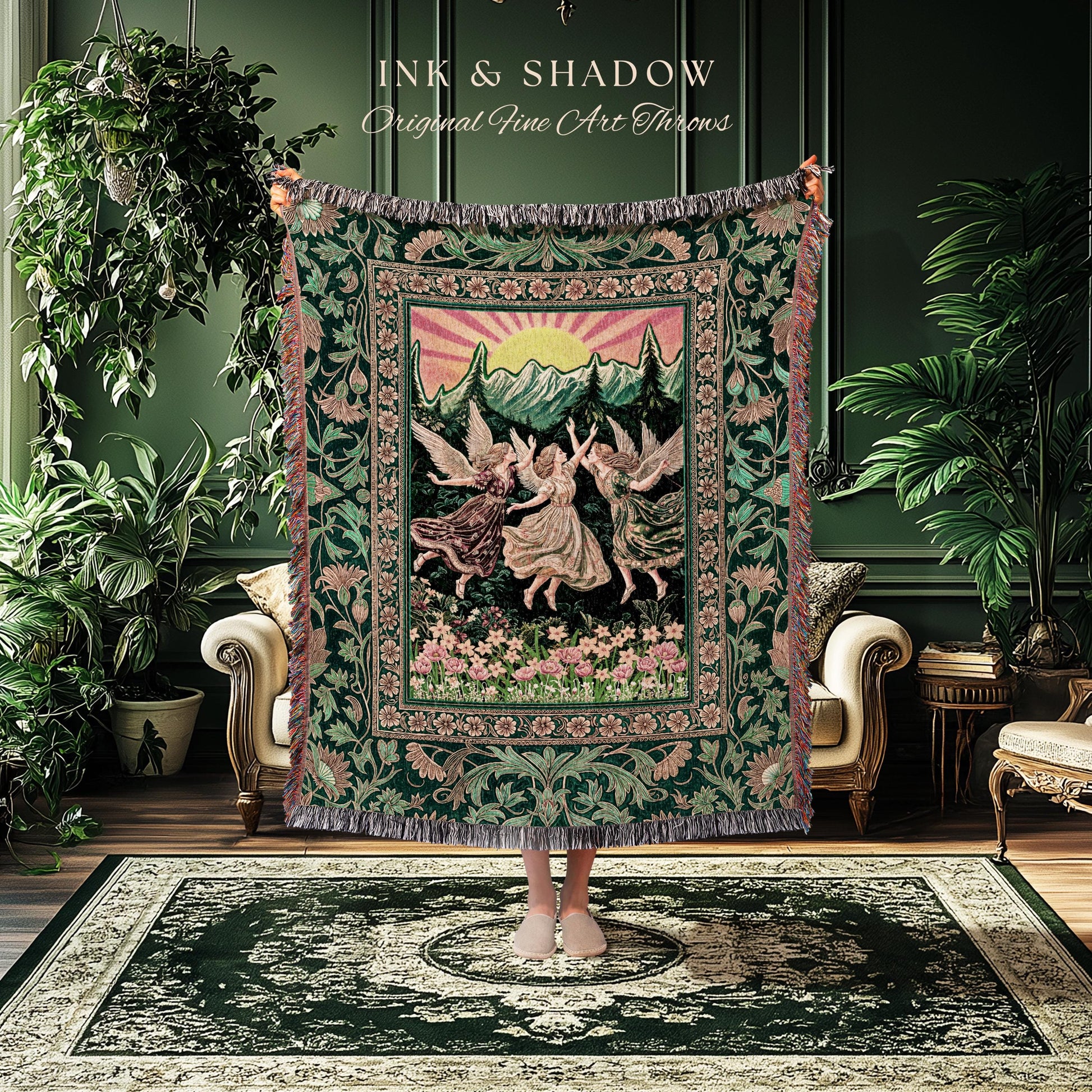 Storybook Retro Fairies Woven Tapestry | Whimsical Vintage Fairytale Enchanted Cottagecore Bedroom Dreamy Throw Blanket Medieval Mythology |