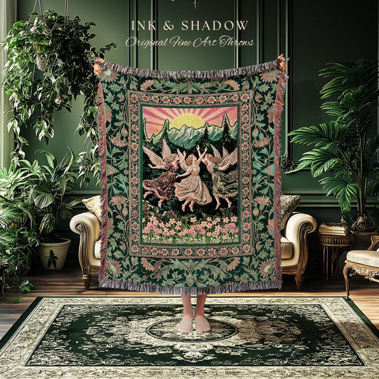 Storybook Retro Fairies Woven Tapestry | Whimsical Vintage Fairytale Enchanted Cottagecore Bedroom Dreamy Throw Blanket Medieval Mythology |