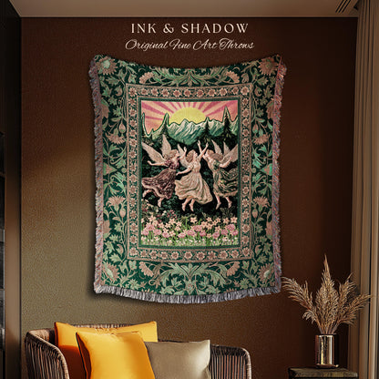 Storybook Retro Fairies Woven Tapestry | Whimsical Vintage Fairytale Enchanted Cottagecore Bedroom Dreamy Throw Blanket Medieval Mythology |