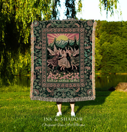 Storybook Retro Fairies Woven Tapestry | Whimsical Vintage Fairytale Enchanted Cottagecore Bedroom Dreamy Throw Blanket Medieval Mythology |