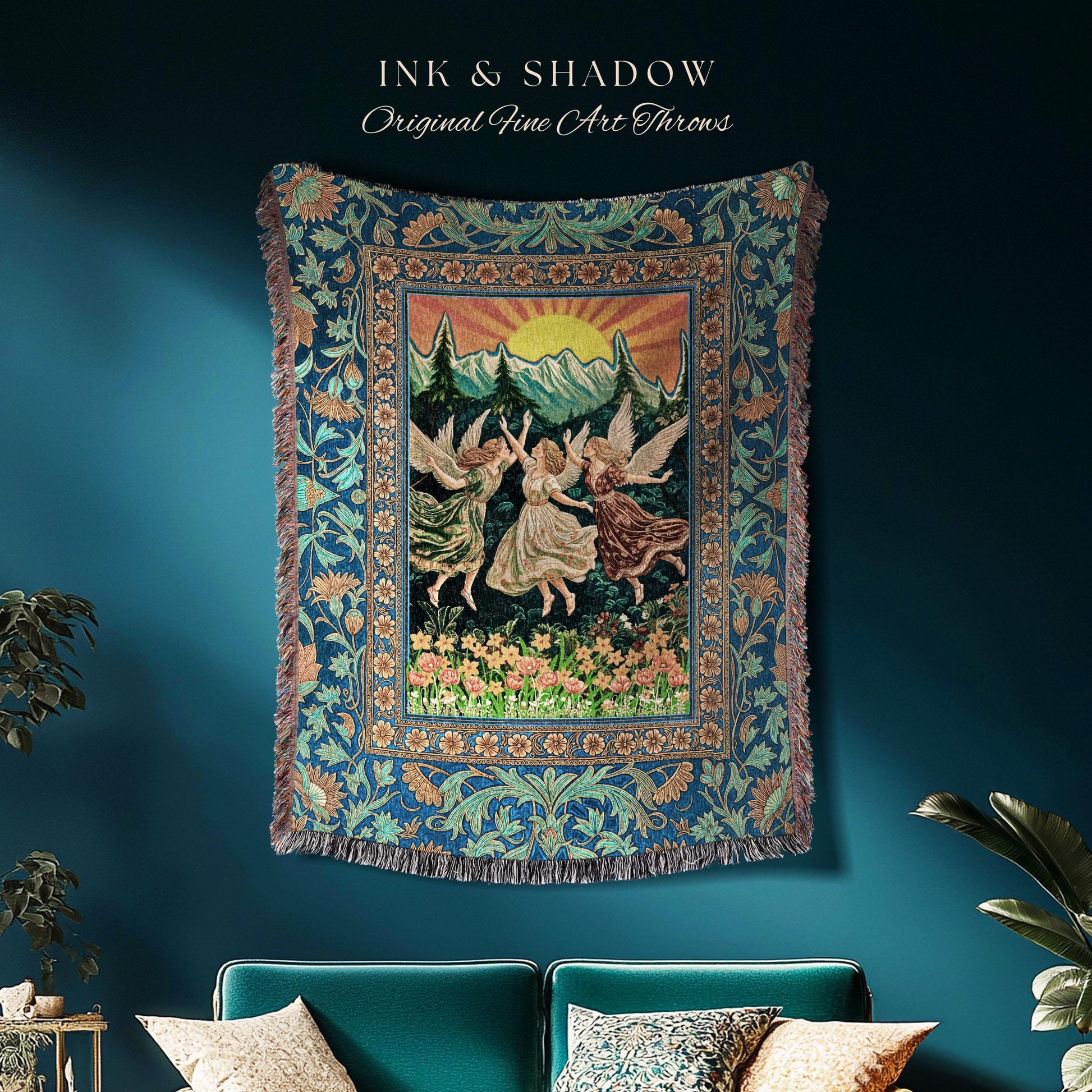 Art Nouveau Angel Forest Throw Blanket | Dreamy Folklore Fairycore Woven Tapestry Whimsical Mythology Cottagecore Retro Fairy Aesthetic Boho