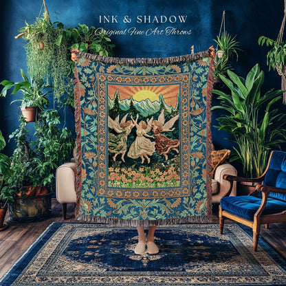 Art Nouveau Angel Forest Throw Blanket | Dreamy Folklore Fairycore Woven Tapestry Whimsical Mythology Cottagecore Retro Fairy Aesthetic Boho