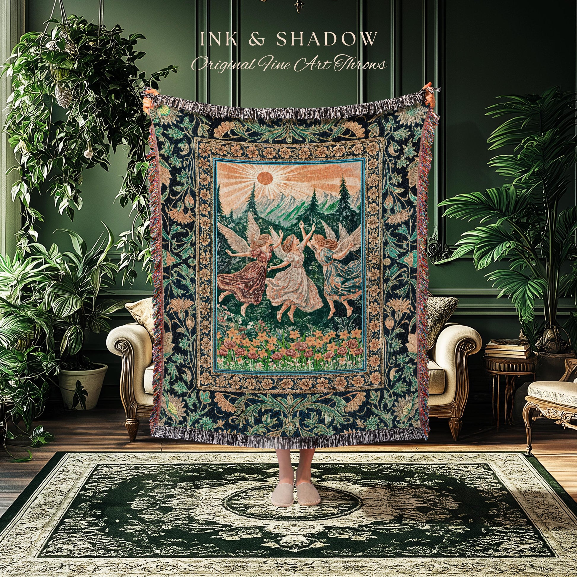 Rustic Forest Nymph Woven Throw | Art Nouveau Tapestry Retro Folklore Blanket Medieval Fairytale Midsummer Fairy Decor Whimsical Cottagecore