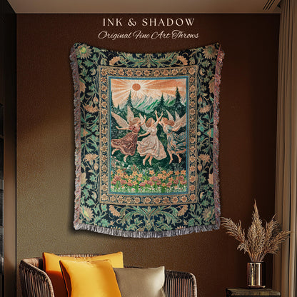 Rustic Forest Nymph Woven Throw | Art Nouveau Tapestry Retro Folklore Blanket Medieval Fairytale Midsummer Fairy Decor Whimsical Cottagecore