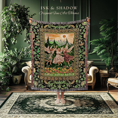 Dreamy Fairy Meadow Woven Tapestry | Midsummer Folklore Throw Blanket Fairycore Forest Nymph Decor Fairytale Cottagecore Retro Scandinavian
