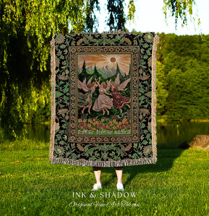Dreamy Fairy Meadow Woven Tapestry | Midsummer Folklore Throw Blanket Fairycore Forest Nymph Decor Fairytale Cottagecore Retro Scandinavian