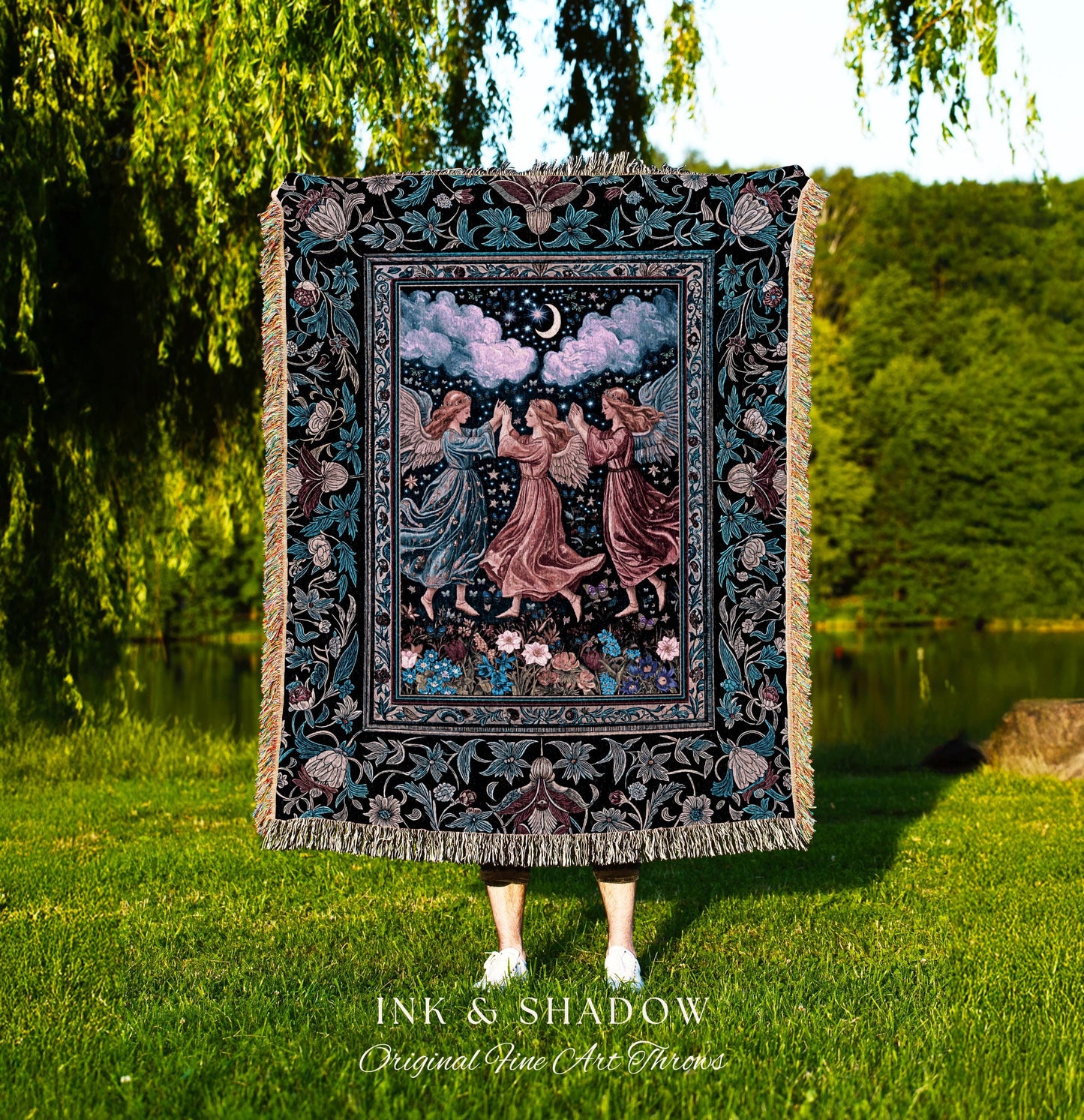 Celestial Angel Fairies Woven Throw | Witchy Fairycore Dreamy Aesthetic Woodland Folklore Wall Tapestry Mystic Cottagecore Fairies Ethereal