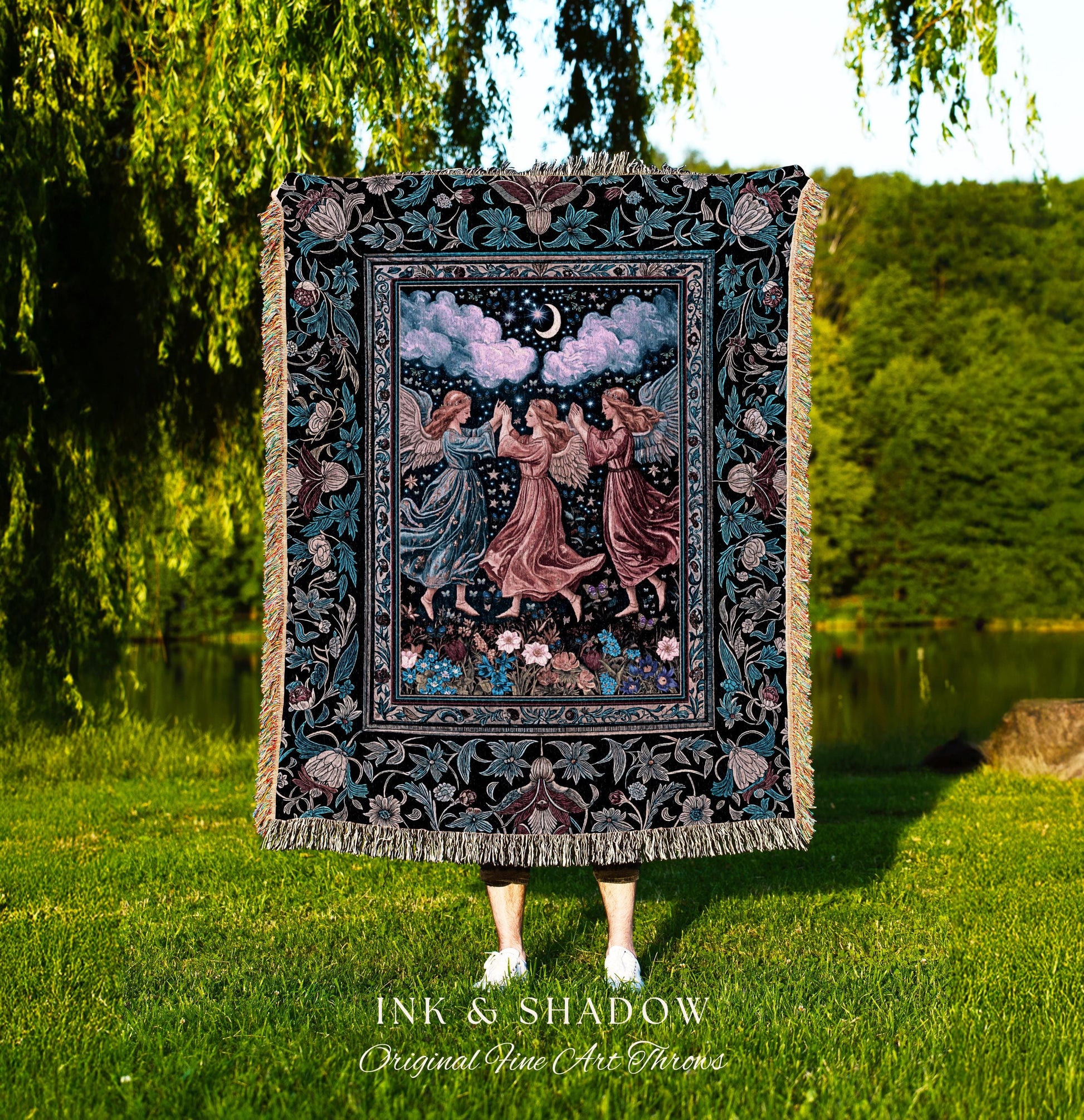 Celestial Angel Fairies Woven Throw | Witchy Fairycore Dreamy Aesthetic Woodland Folklore Wall Tapestry Mystic Cottagecore Fairies Ethereal