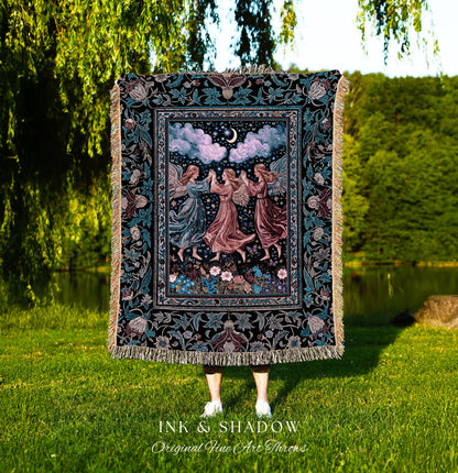Celestial Angel Fairies Woven Throw | Witchy Fairycore Dreamy Aesthetic Woodland Folklore Wall Tapestry Mystic Cottagecore Fairies Ethereal