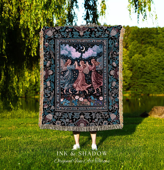 Celestial Angel Fairies Woven Throw | Witchy Fairycore Dreamy Aesthetic Woodland Folklore Wall Tapestry Mystic Cottagecore Fairies Ethereal