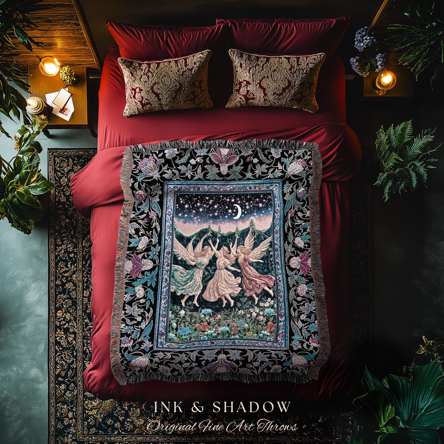Nostalgic Fairytale Woodland Throw | Pastel Fairycore Dark Academia Blanket Medieval Angel Aesthetic Whimsical Woodland Enchanted Tapestry |