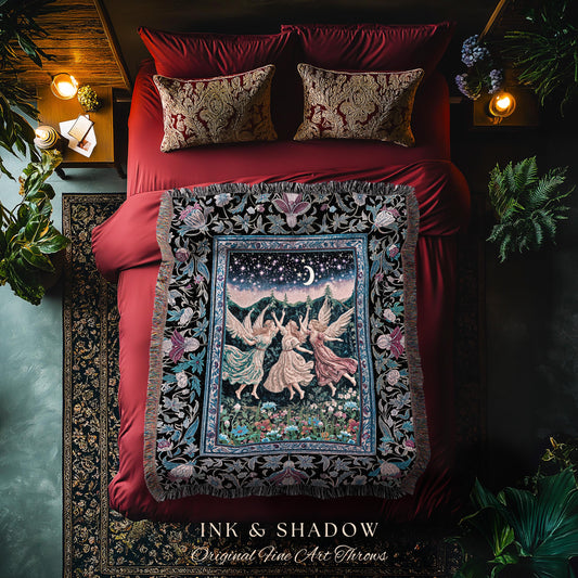 Nostalgic Fairytale Woodland Throw | Pastel Fairycore Dark Academia Blanket Medieval Angel Aesthetic Whimsical Woodland Enchanted Tapestry |