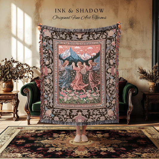 Enchanted Meadow Angel Blanket | Ethereal Dreamy Bohemian Cottagecore Light Academia Mystic Folklore Woven Tapestry Pastel Whimsical Decor