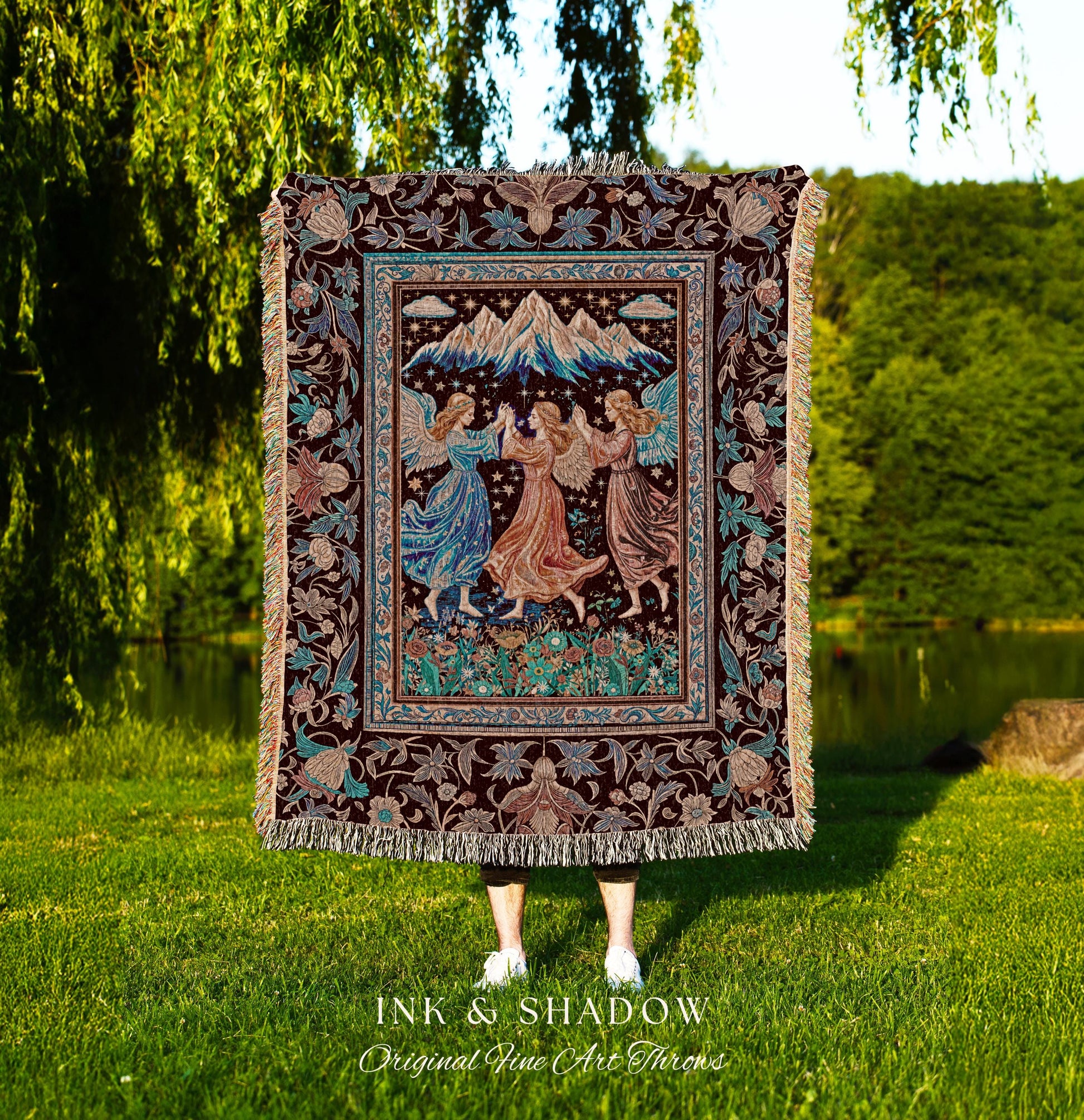 Spring Goddesses Wildflower Fairy Blanket | Medieval Academia Woven Tapestry Dark Cottagecore Dreamy Ethereal Fairytale Throw Fairycore Home