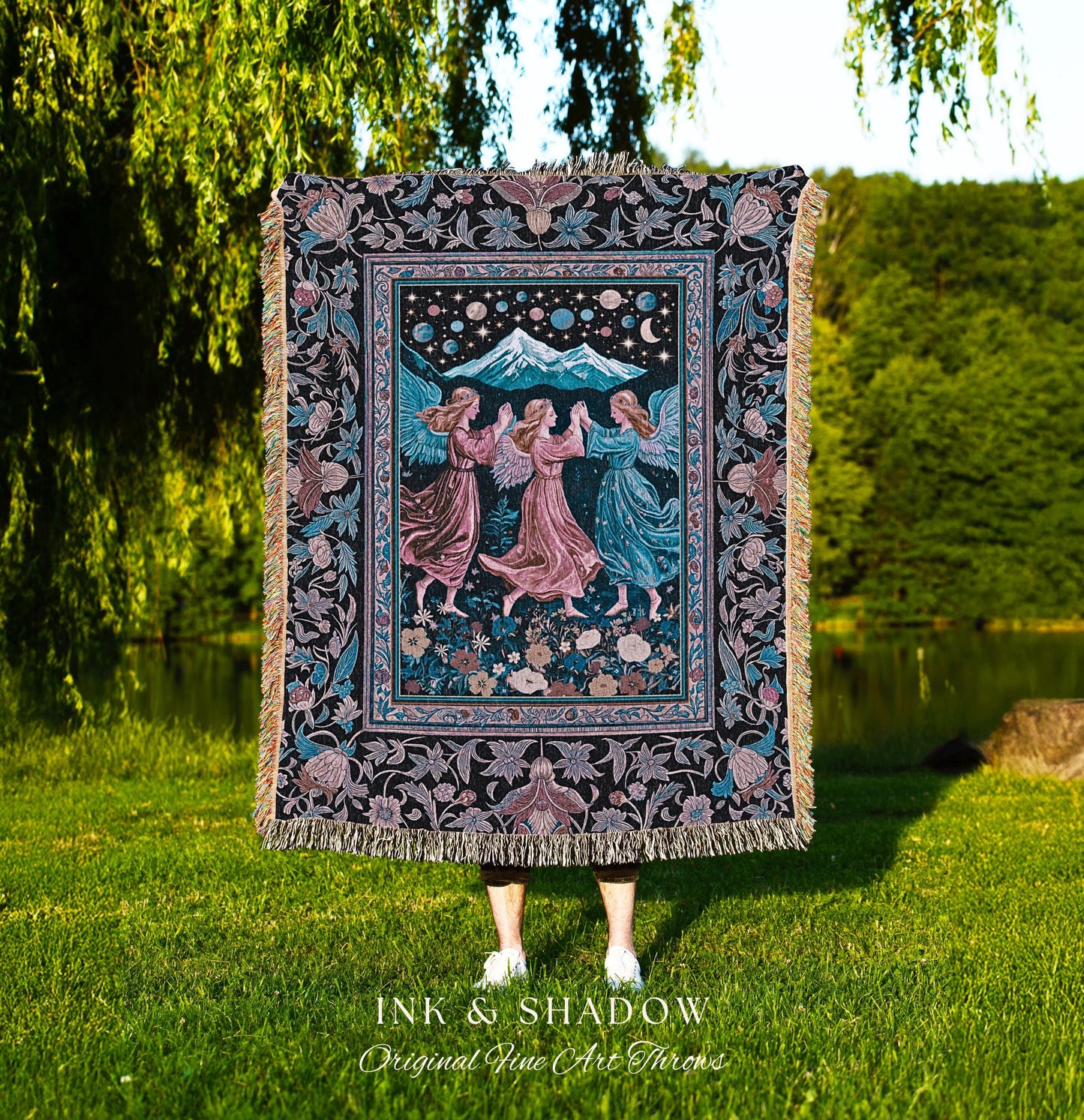 Mountain Maidens Ethereal Woven Tapestry | Whimsical Folklore Angels Enchanted Cottagecore Throw Blanket Medieval Fairycore Dark Academia |