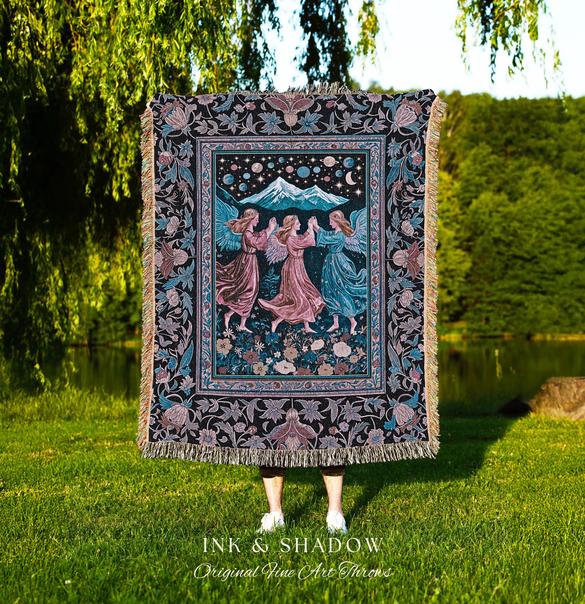Mountain Maidens Ethereal Woven Tapestry | Whimsical Folklore Angels Enchanted Cottagecore Throw Blanket Medieval Fairycore Dark Academia |