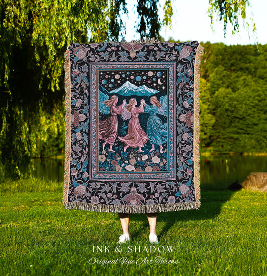 Mountain Maidens Ethereal Woven Tapestry | Whimsical Folklore Angels Enchanted Cottagecore Throw Blanket Medieval Fairycore Dark Academia |