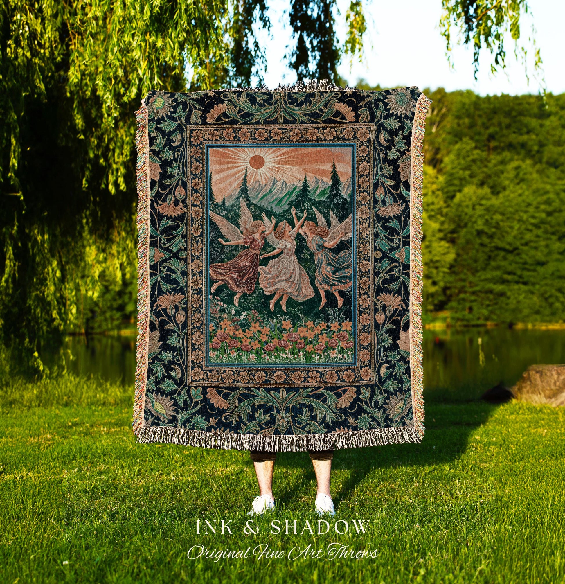 Rustic Forest Nymph Woven Throw | Art Nouveau Tapestry Retro Folklore Blanket Medieval Fairytale Midsummer Fairy Decor Whimsical Cottagecore