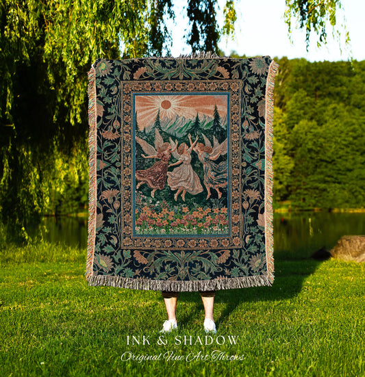 Rustic Forest Nymph Woven Throw | Art Nouveau Tapestry Retro Folklore Blanket Medieval Fairytale Midsummer Fairy Decor Whimsical Cottagecore