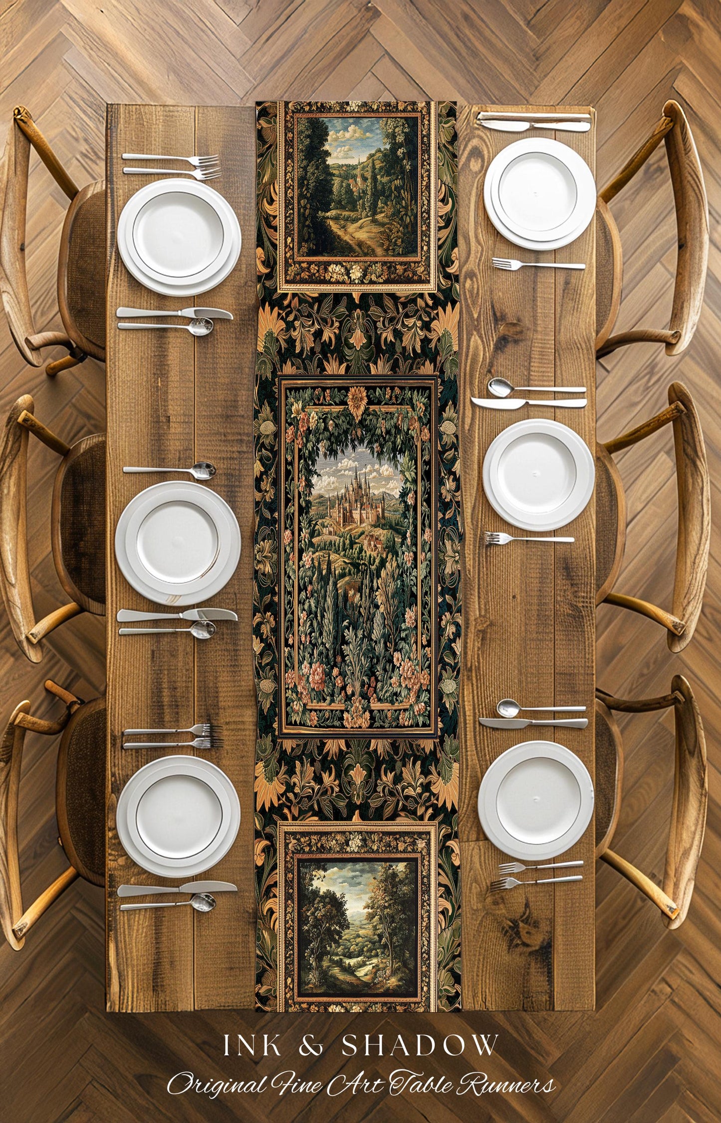 Dark Academia Victorian Royal Table Runner | Fantasy Dining Room Boho Woodland Princess Medieval Rustic Floral Landscape Coquette Maximalist