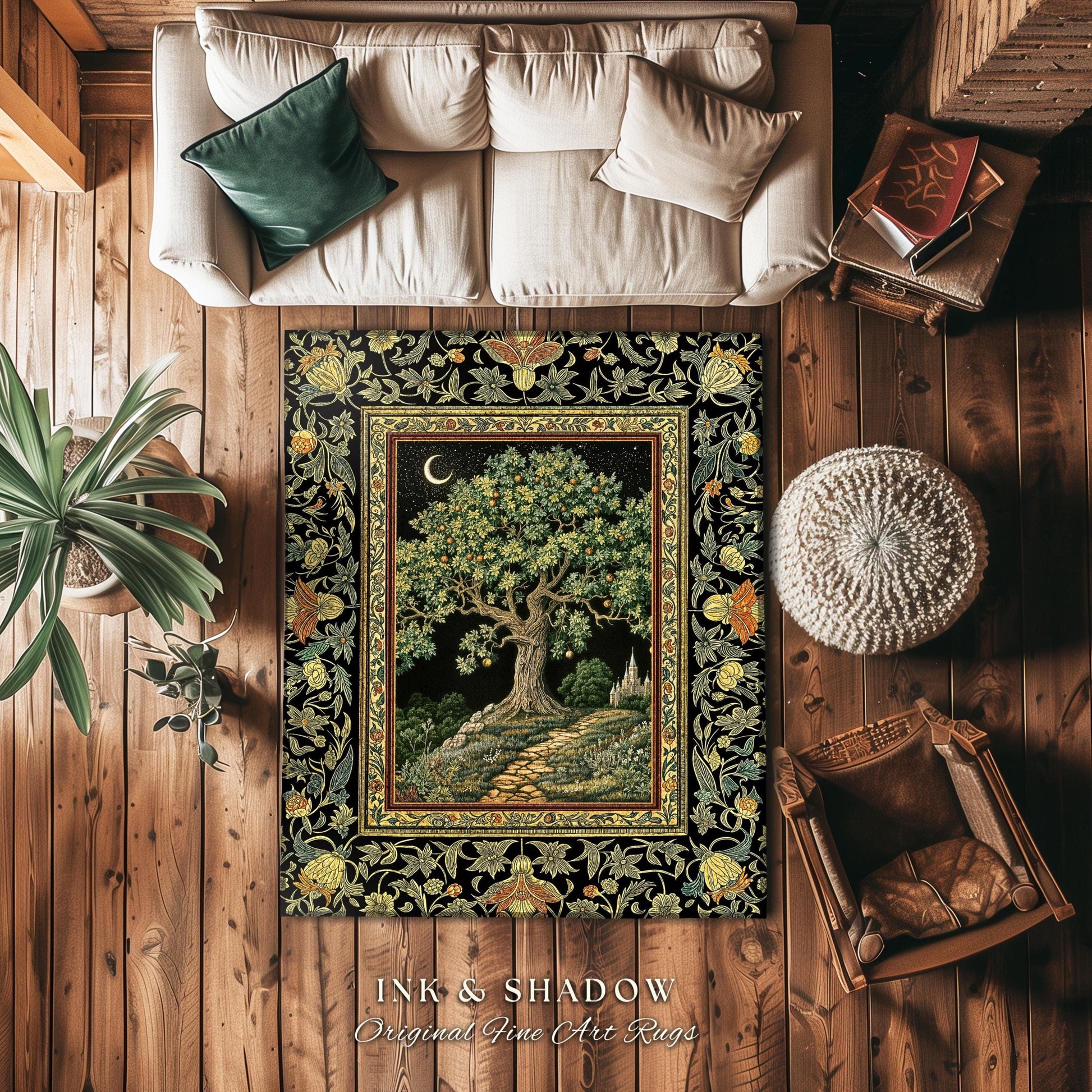 Emerald Aesthetic Folklore Area Rug | Celestial Tree of Life Moonlit Forest Enchanted Mystic Woodland Decor Dark Cottagecore Whimsical Decor