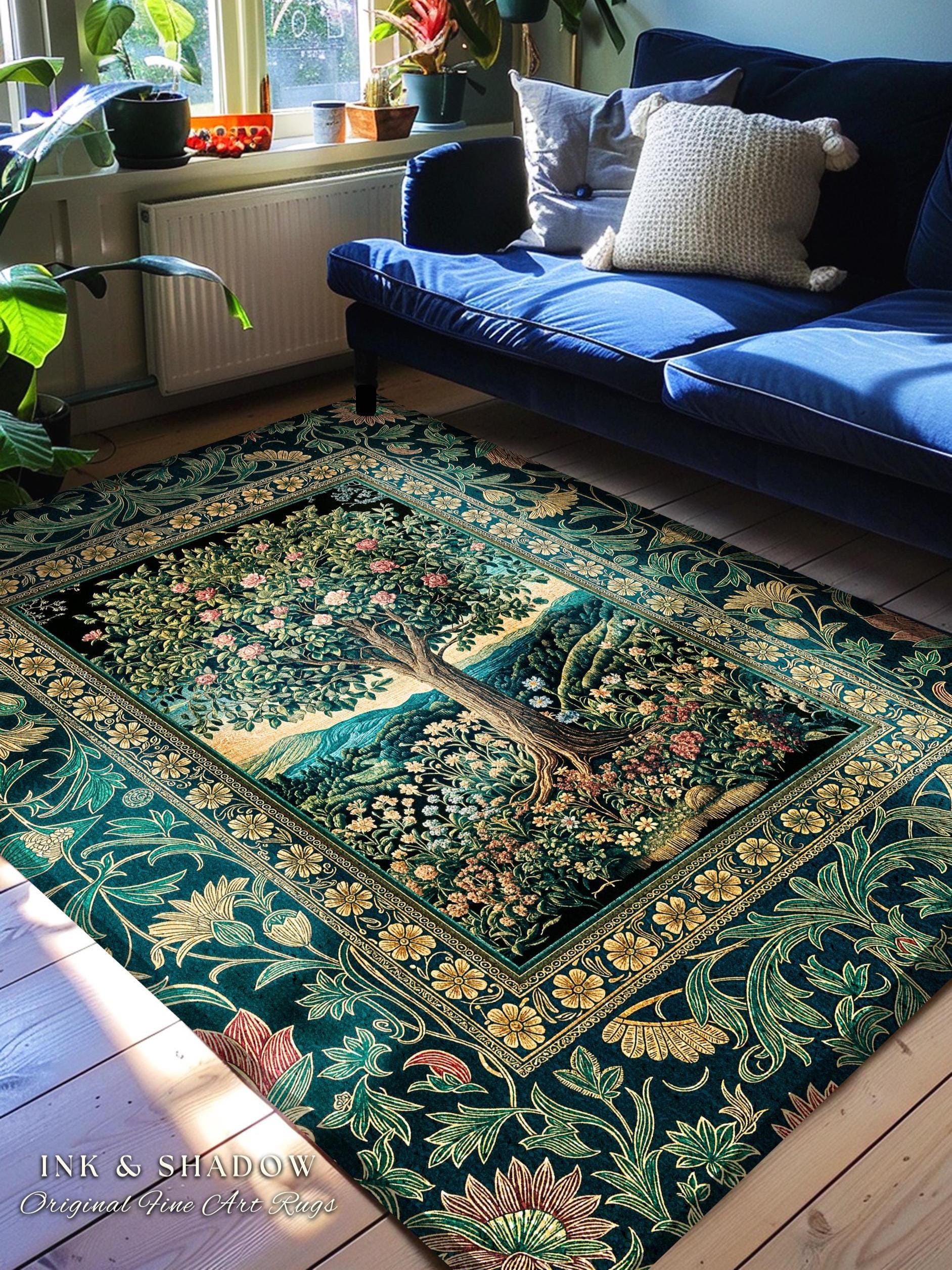 Countryside Sunset Tree of Life Rug | Elegant Floral Landscape Wildflower Decor Nature Inspired Cottagecore Home Accent Rug Storybook Vibe |