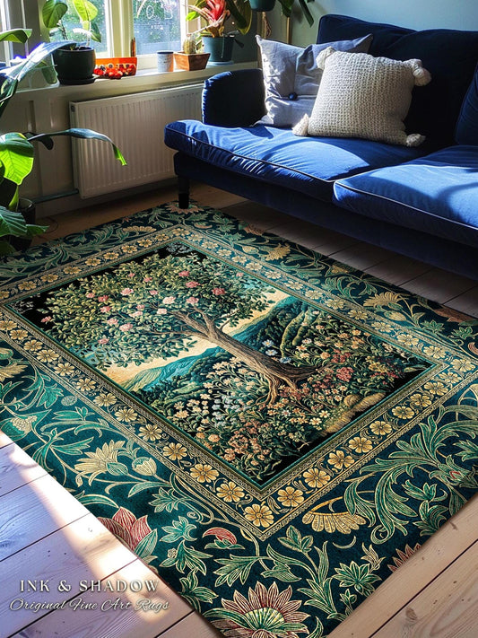 Countryside Sunset Tree of Life Rug | Elegant Floral Landscape Wildflower Decor Nature Inspired Cottagecore Home Accent Rug Storybook Vibe |