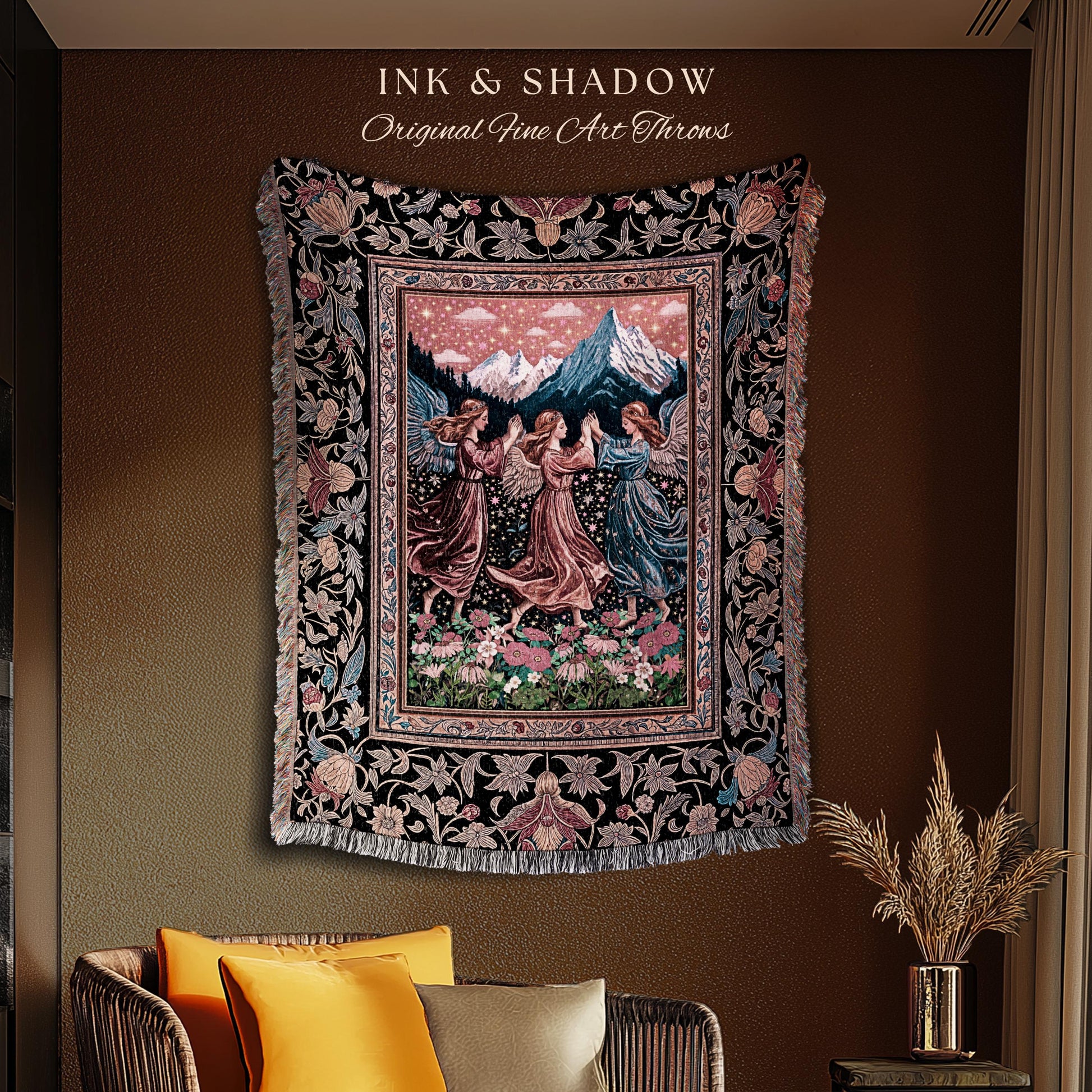 Dancing Angels Boho Woven Tapestry | Medieval Aesthetic Cottagecore Rustic Bohemian Room Decor Ethereal Throw Blanket Whimsical Home Accent