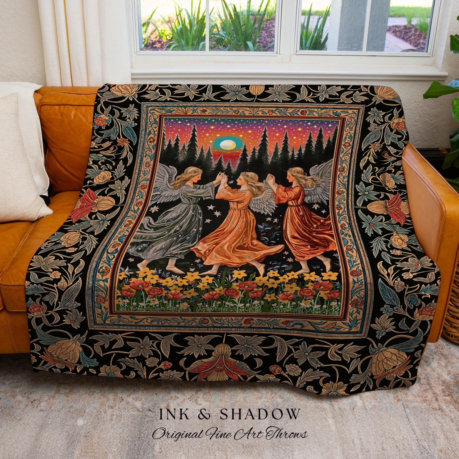 Midsummer Aesthetic Angel Tapestry | Medieval Angels Dancing Witchy Aesthetic Dreamy Fairytale Folklore Woven Throw Blanket Bohemian Magic