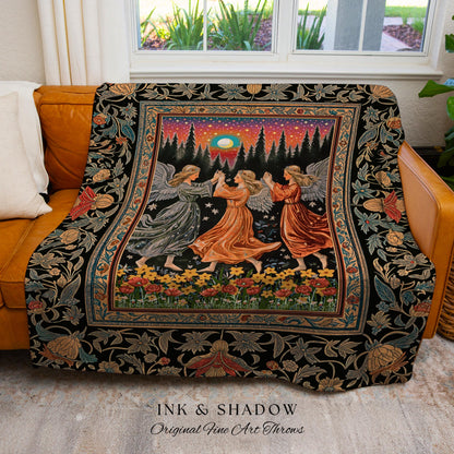 Midsummer Aesthetic Angel Tapestry | Medieval Angels Dancing Witchy Aesthetic Dreamy Fairytale Folklore Woven Throw Blanket Bohemian Magic