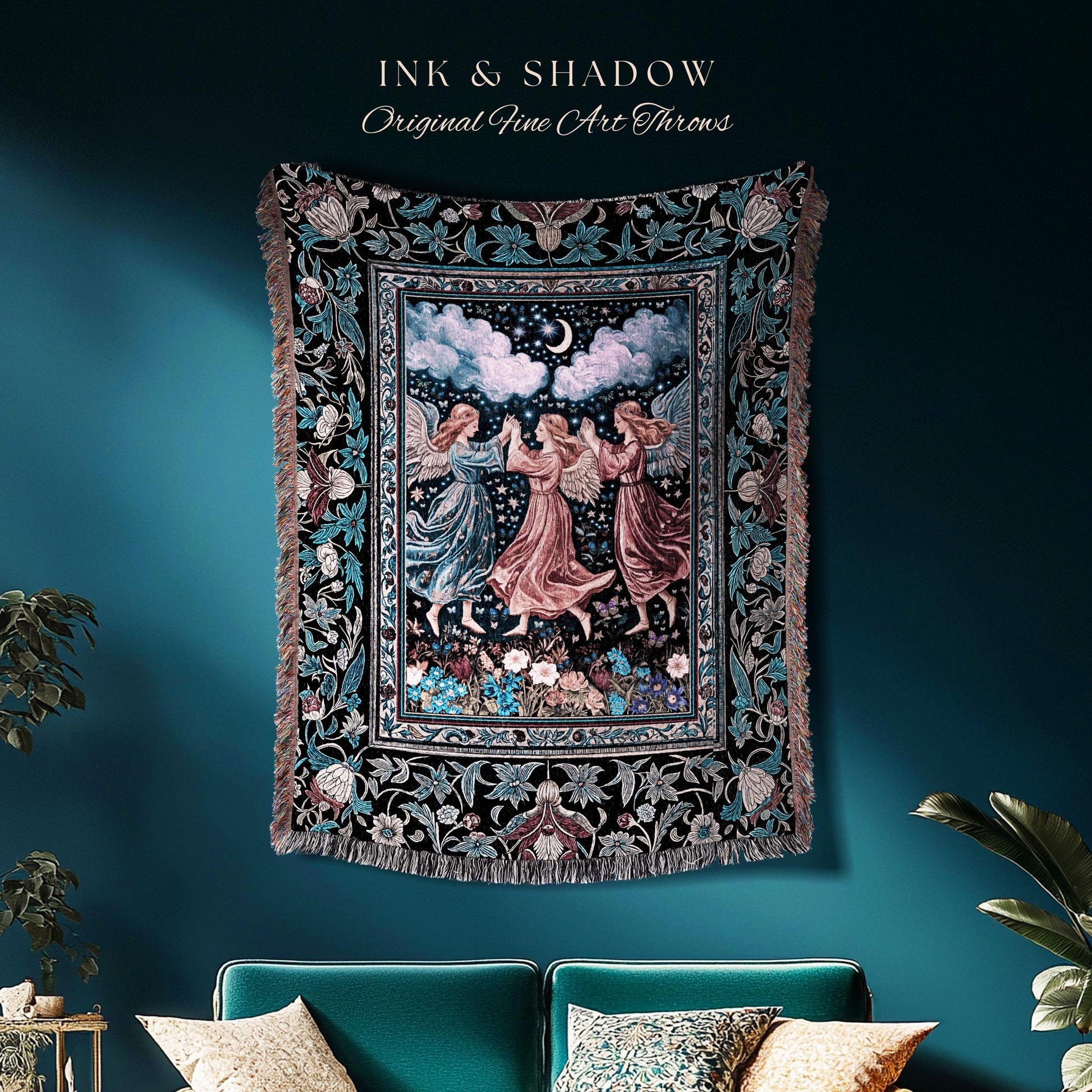 Celestial Angel Fairies Woven Throw | Witchy Fairycore Dreamy Aesthetic Woodland Folklore Wall Tapestry Mystic Cottagecore Fairies Ethereal
