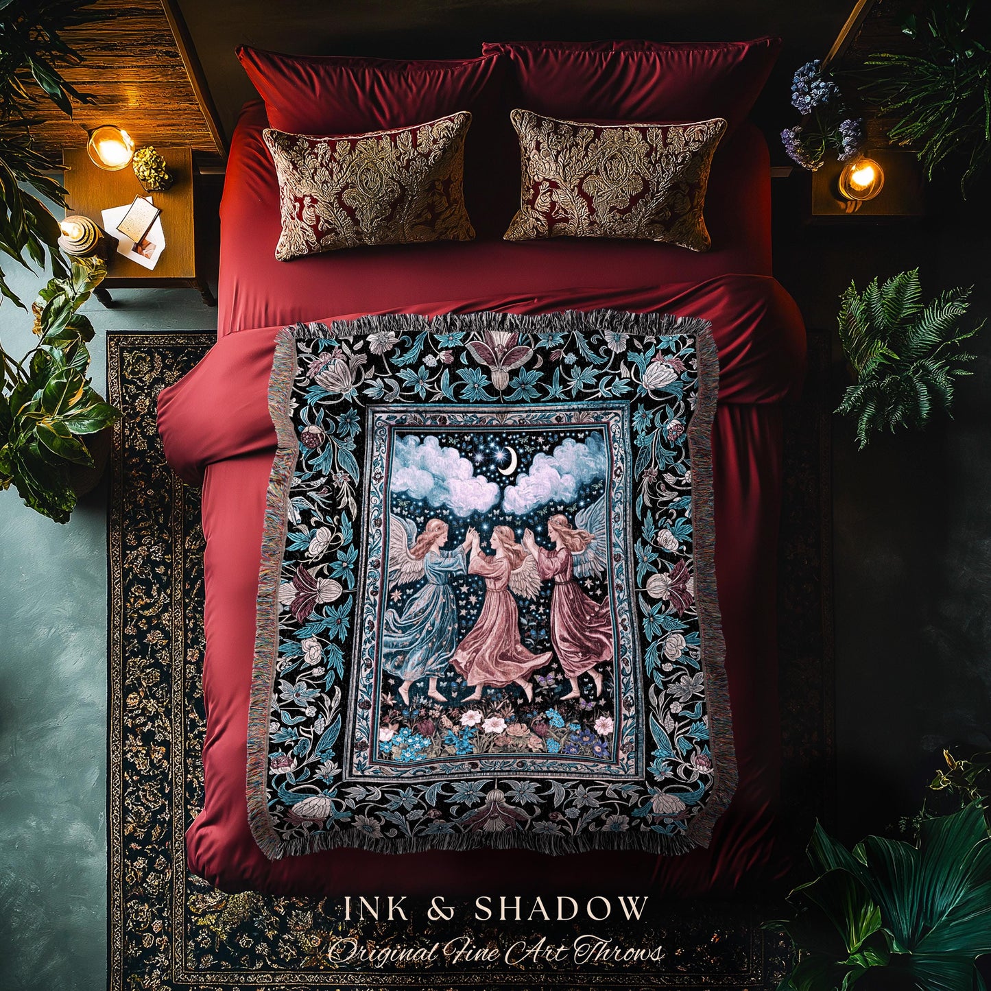 Celestial Angel Fairies Woven Throw | Witchy Fairycore Dreamy Aesthetic Woodland Folklore Wall Tapestry Mystic Cottagecore Fairies Ethereal