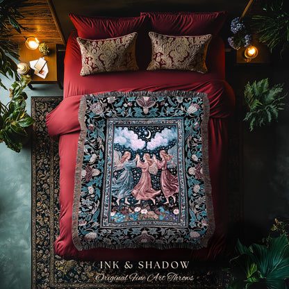 Celestial Angel Fairies Woven Throw | Witchy Fairycore Dreamy Aesthetic Woodland Folklore Wall Tapestry Mystic Cottagecore Fairies Ethereal