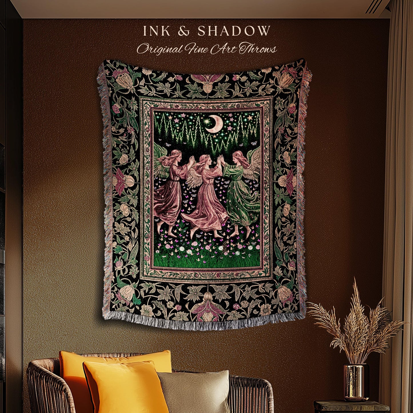 Moonlit Forest Nymph Woven Tapestry | Medieval Elegance Woodland Fairycore Dark Academia Throw Blanket Midsummer Aesthetic Scandi Folklore |