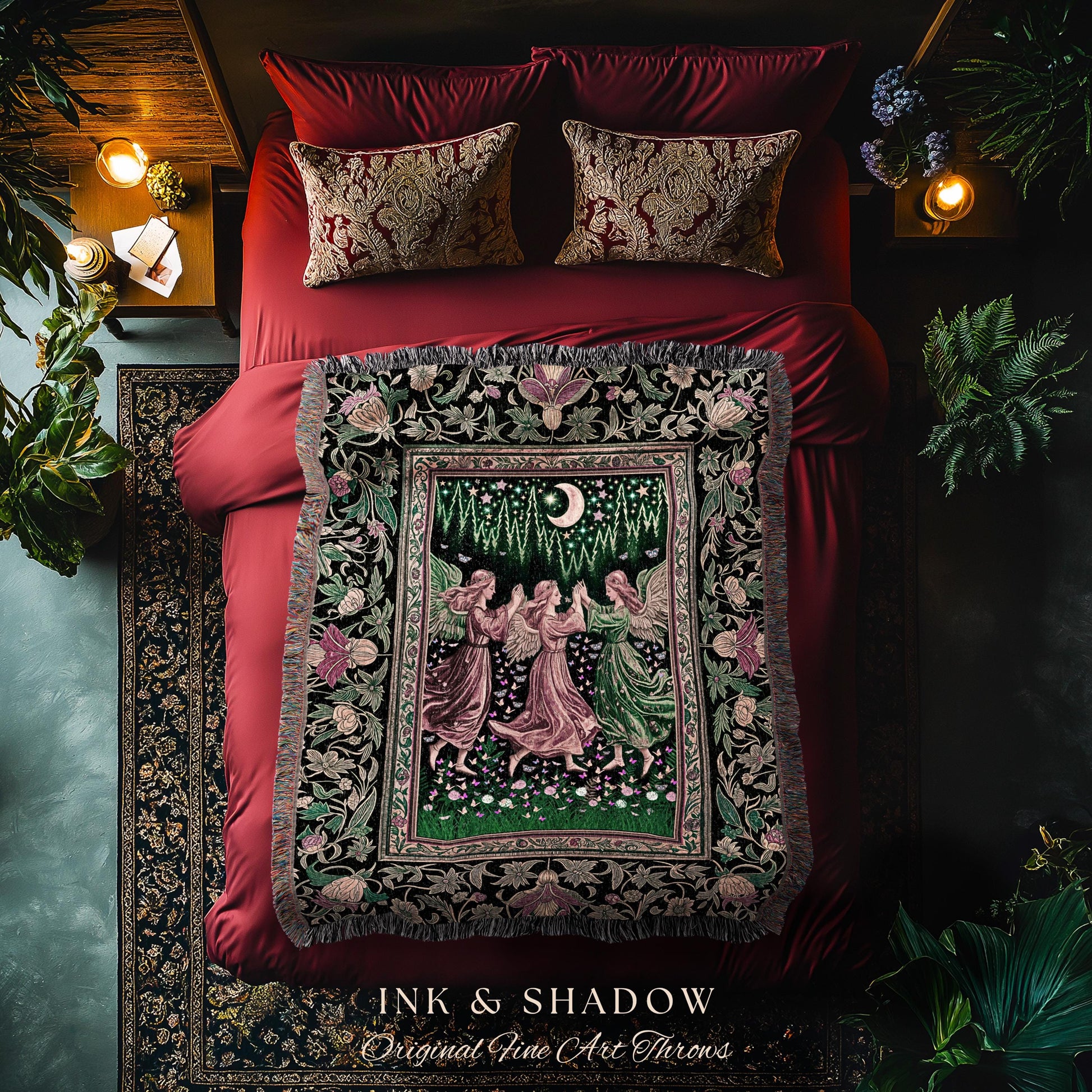 Moonlit Forest Nymph Woven Tapestry | Medieval Elegance Woodland Fairycore Dark Academia Throw Blanket Midsummer Aesthetic Scandi Folklore |