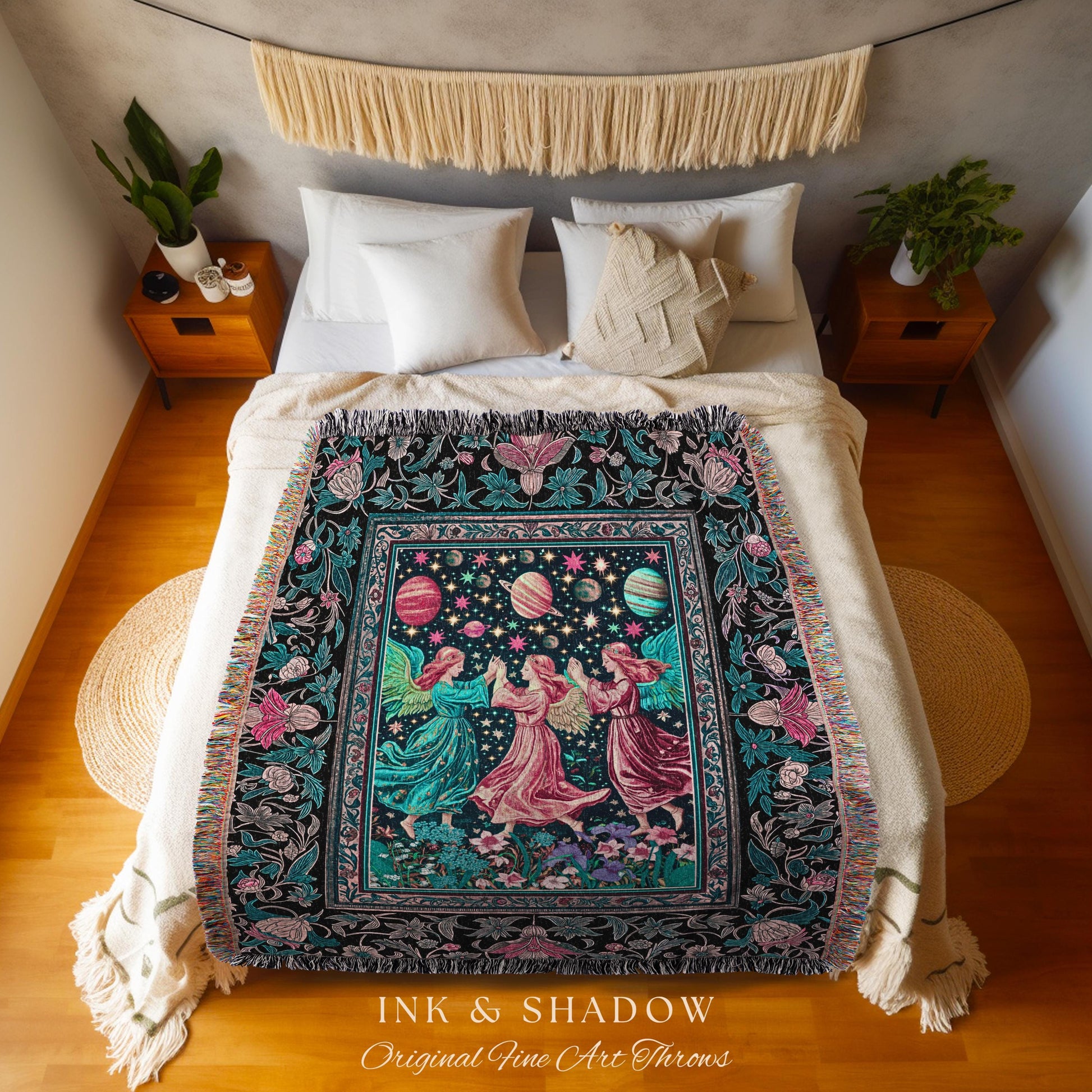 Witchy Celestial Angels Throw Blanket | Astrology Inspired Cosmic Woven Wall Tapestry Whimsical Eclectic Home Decor Fairycore Bohemian Style