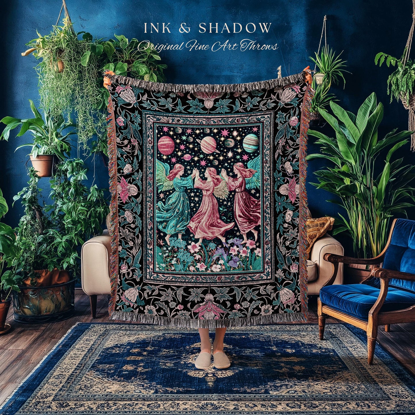 Witchy Celestial Angels Throw Blanket | Astrology Inspired Cosmic Woven Wall Tapestry Whimsical Eclectic Home Decor Fairycore Bohemian Style