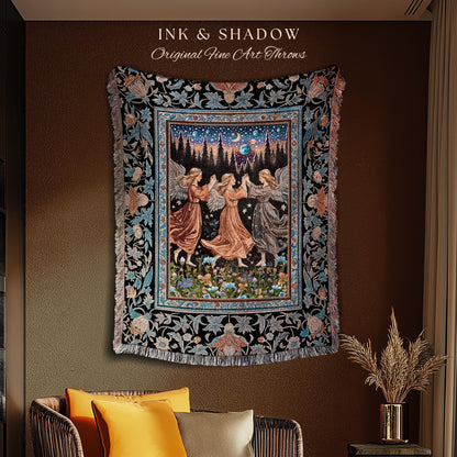 Woodland Folklore Fairies Tapestry | Medieval Moonlit Bohemian Woven Throw Blanket Dreamy Spirits Midsummer Aesthetic Dark Academia Bedroom
