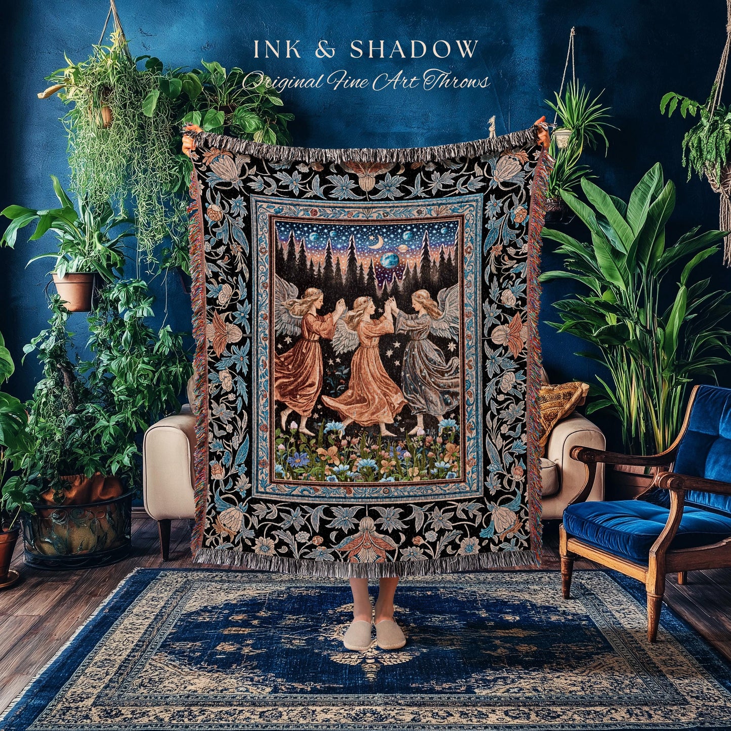 Woodland Folklore Fairies Tapestry | Medieval Moonlit Bohemian Woven Throw Blanket Dreamy Spirits Midsummer Aesthetic Dark Academia Bedroom