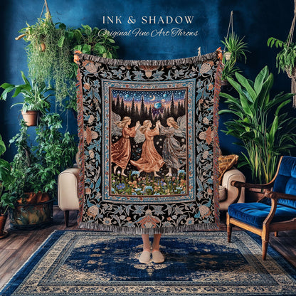 Woodland Folklore Fairies Tapestry | Medieval Moonlit Bohemian Woven Throw Blanket Dreamy Spirits Midsummer Aesthetic Dark Academia Bedroom