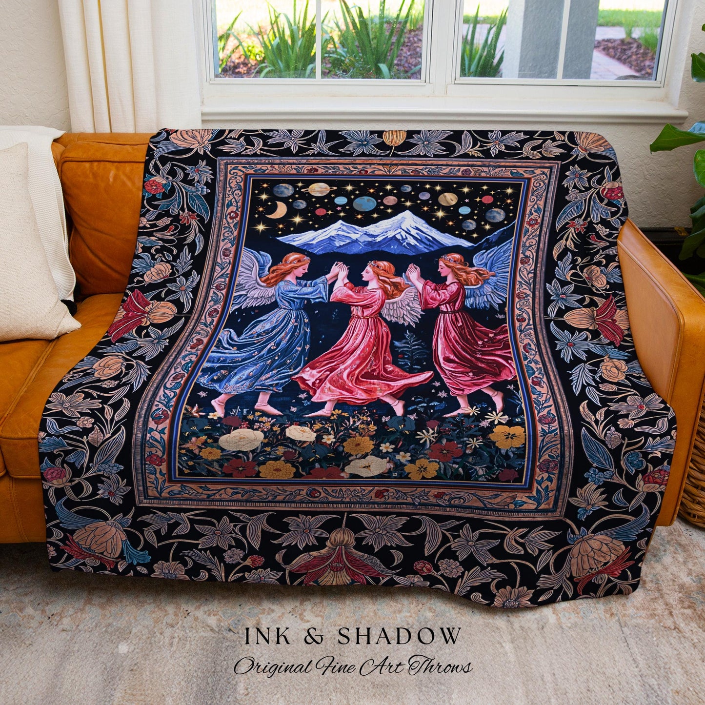 Mountain Fairies Magical Throw Blanket | Whimsical Scandinavian Folklore Woven Wall Tapestry Medieval Angel Aesthetic Celestial Woodland |