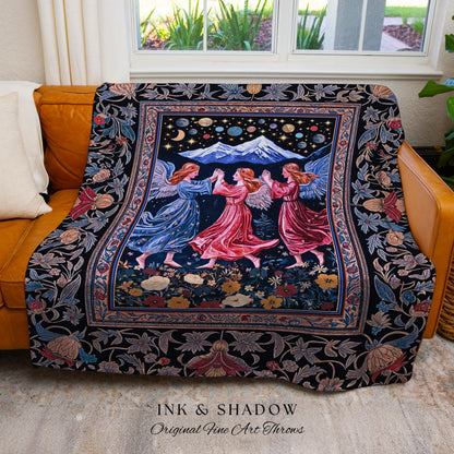 Mountain Fairies Magical Throw Blanket | Whimsical Scandinavian Folklore Woven Wall Tapestry Medieval Angel Aesthetic Celestial Woodland |