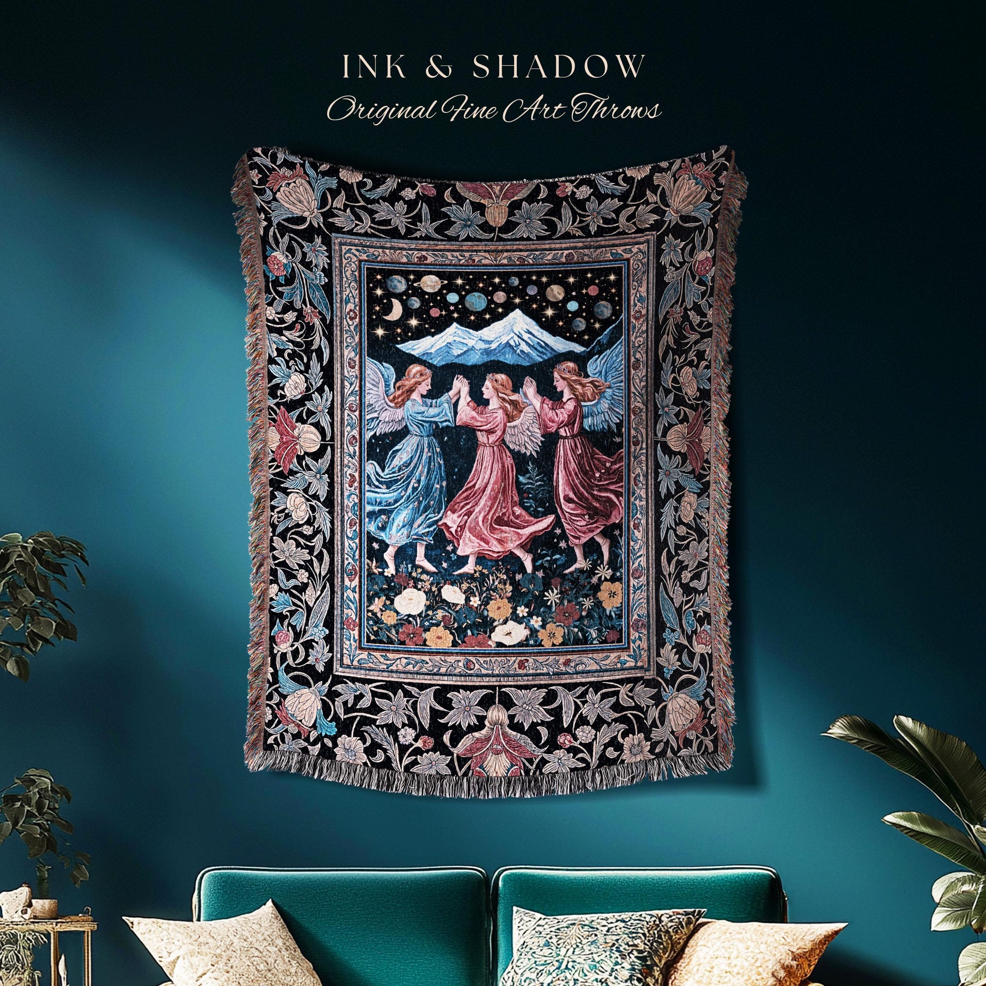 Mountain Fairies Magical Throw Blanket | Whimsical Scandinavian Folklore Woven Wall Tapestry Medieval Angel Aesthetic Celestial Woodland |