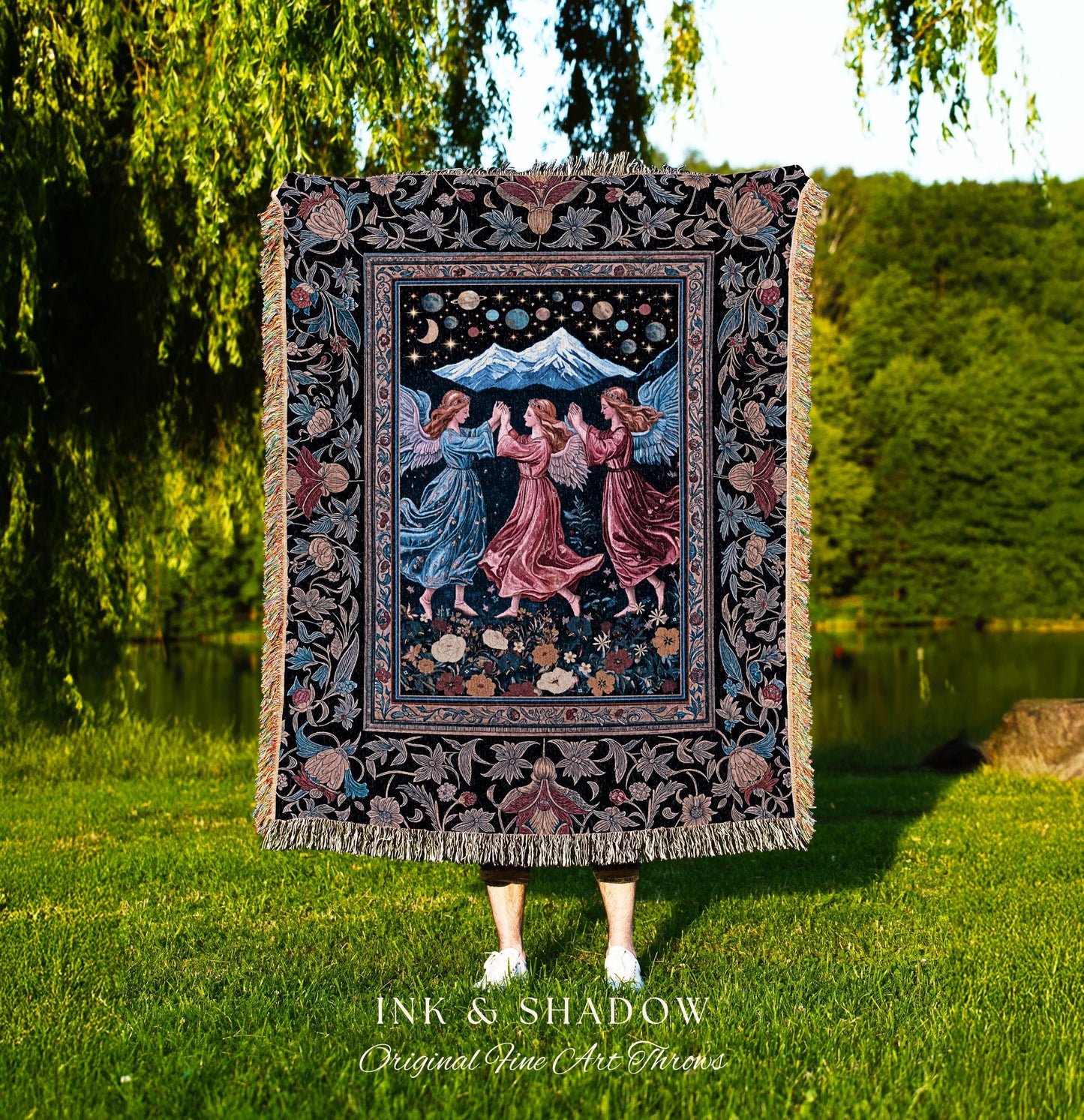 Mountain Fairies Magical Throw Blanket | Whimsical Scandinavian Folklore Woven Wall Tapestry Medieval Angel Aesthetic Celestial Woodland |