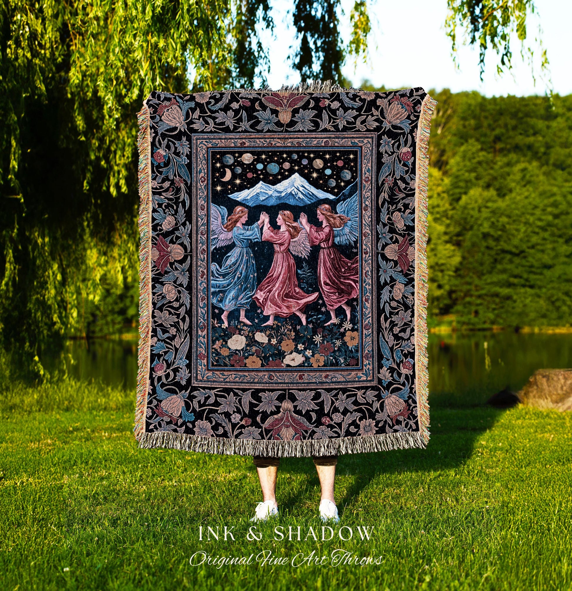Mountain Fairies Magical Throw Blanket | Whimsical Scandinavian Folklore Woven Wall Tapestry Medieval Angel Aesthetic Celestial Woodland |