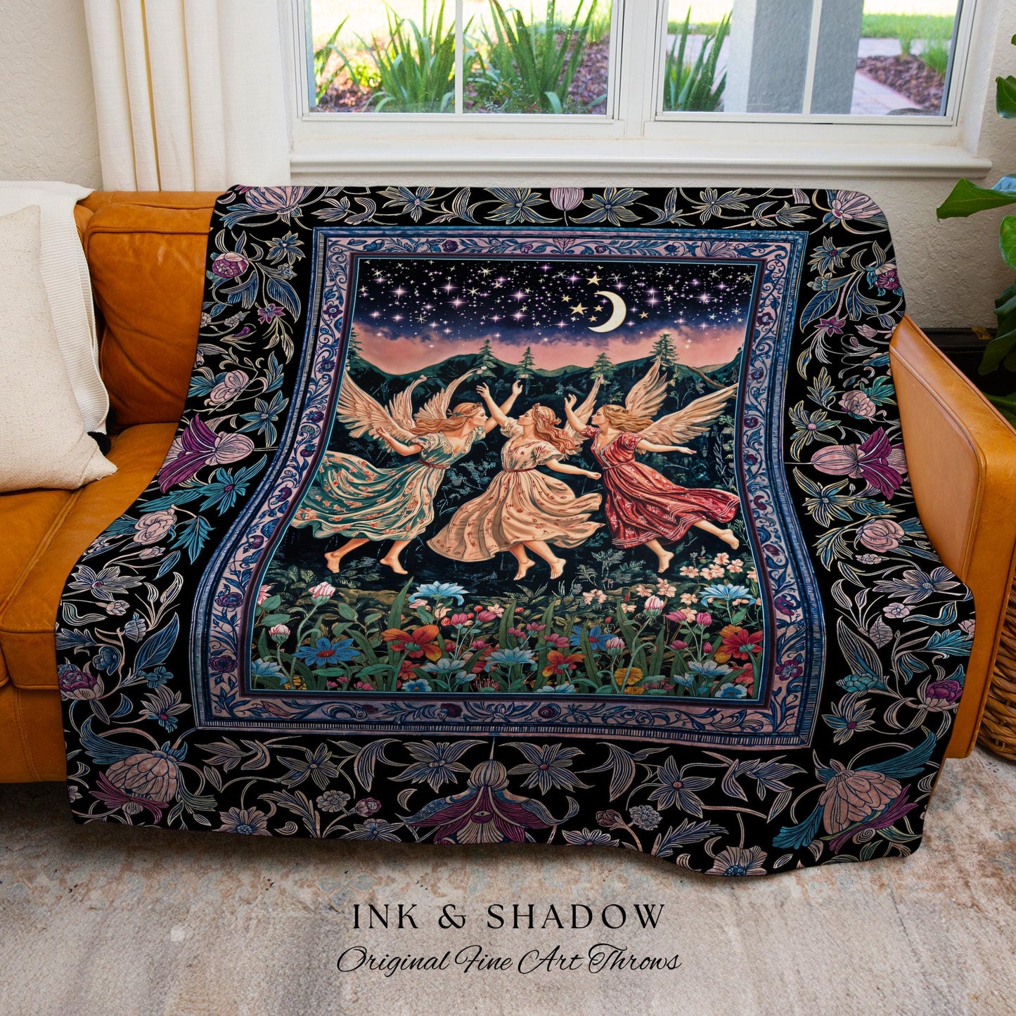 Nostalgic Fairytale Woodland Throw | Pastel Fairycore Dark Academia Blanket Medieval Angel Aesthetic Whimsical Woodland Enchanted Tapestry |