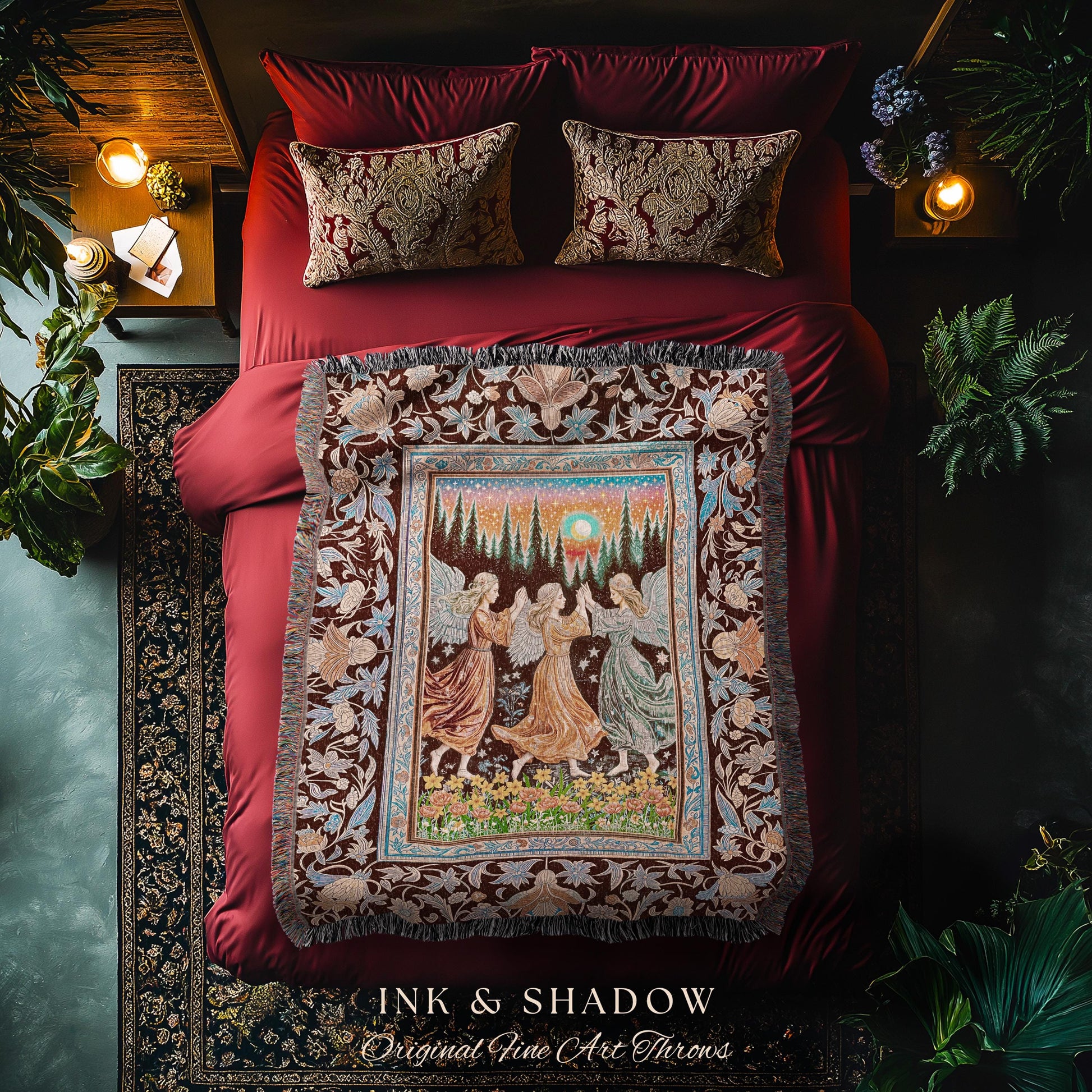 Retro Fairy Meadow Cozy Throw Blanket | Whimsigothic Wall Tapestry Cottagecore Dreamy Medieval Academia Aesthetic Mystic Folklore Enchanted