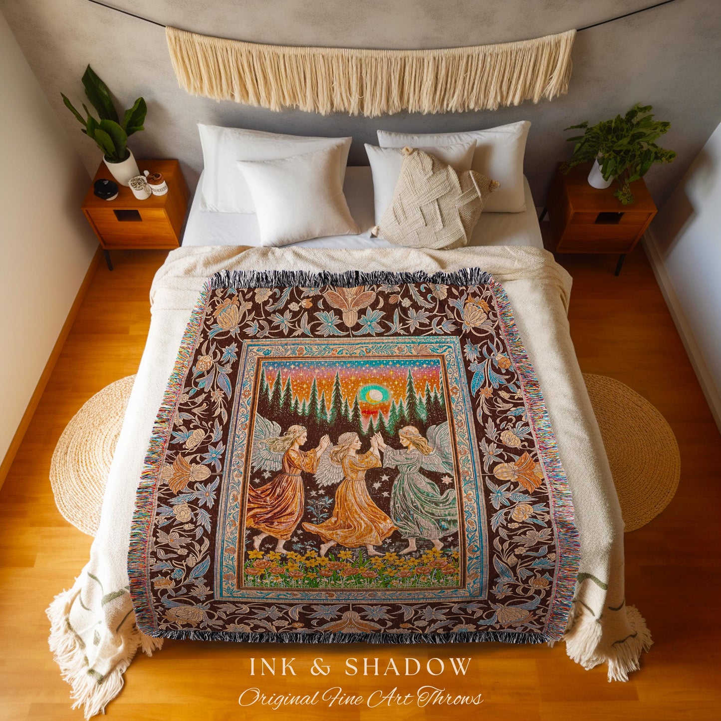 Retro Fairy Meadow Cozy Throw Blanket | Whimsigothic Wall Tapestry Cottagecore Dreamy Medieval Academia Aesthetic Mystic Folklore Enchanted